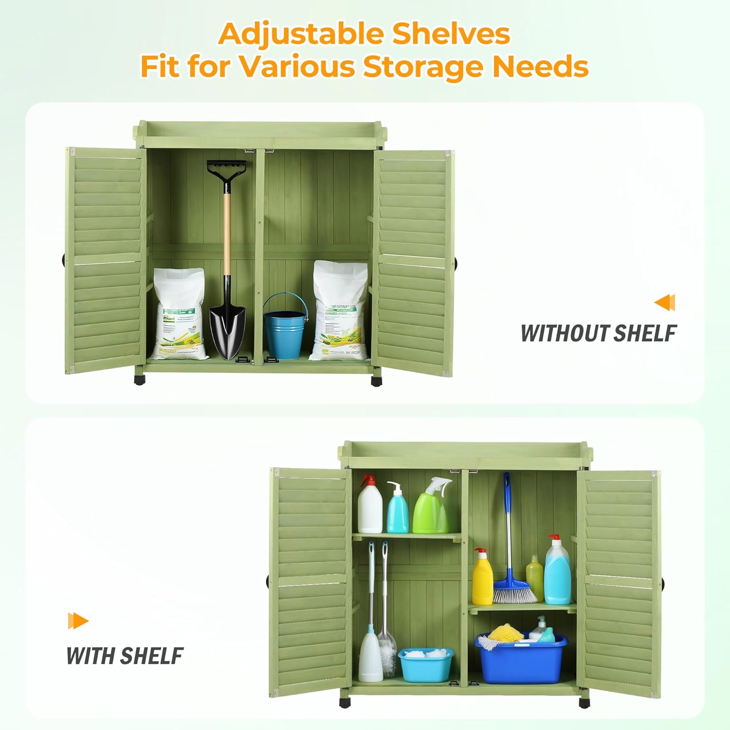 Outdoor Garden Storage Cabinet with Potting Bench, Wood Cabinet with Metal Top, Planting Workstation Table for Patio, Backyard and Garden Tools (Green)