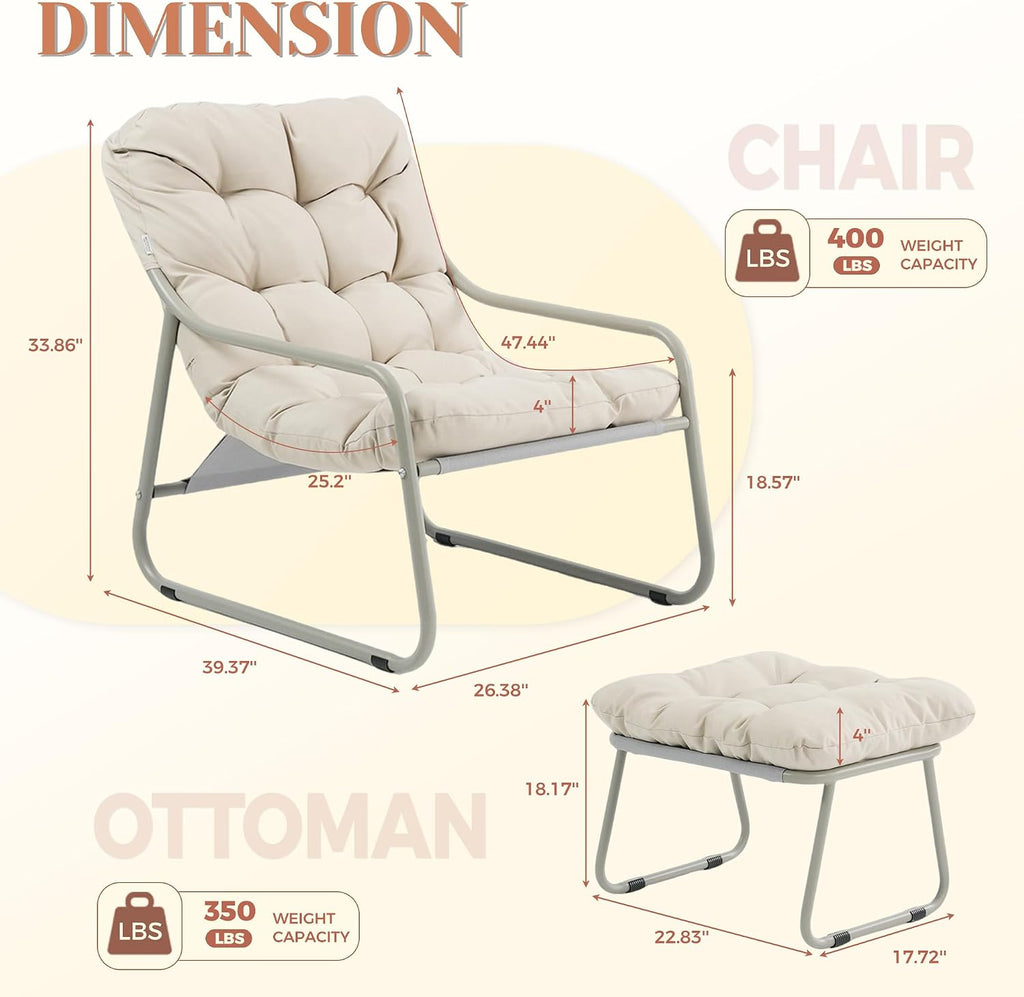 NICESOUL 2-Piece Outdoor Lounge Chair and Ottoman Set, Comfy Patio Lounge Chairs with Reclined Backs and Armrests, Heavy-Duty Reading Chairs with Cushions for Porch, Balcony, Backyard, Beige