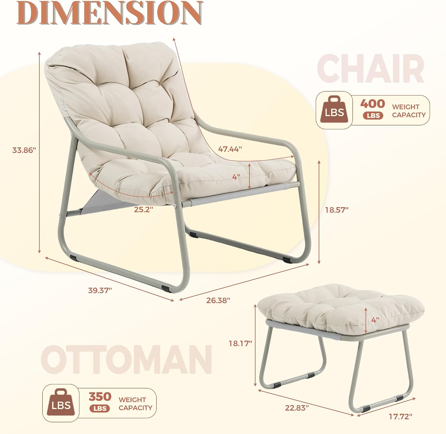 NICESOUL 2-Piece Outdoor Lounge Chair and Ottoman Set, Comfy Patio Lounge Chairs with Reclined Backs and Armrests, Heavy-Duty Reading Chairs with Cushions for Porch, Balcony, Backyard, Beige