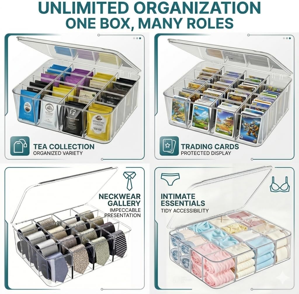 Tea Bags Organizer: Extra Large Tea Bag Holder with Lid - Drink Packets Organizer for Cabinet, Counter, Countertop, TeaBag Holder for 16 Different Types (Large)