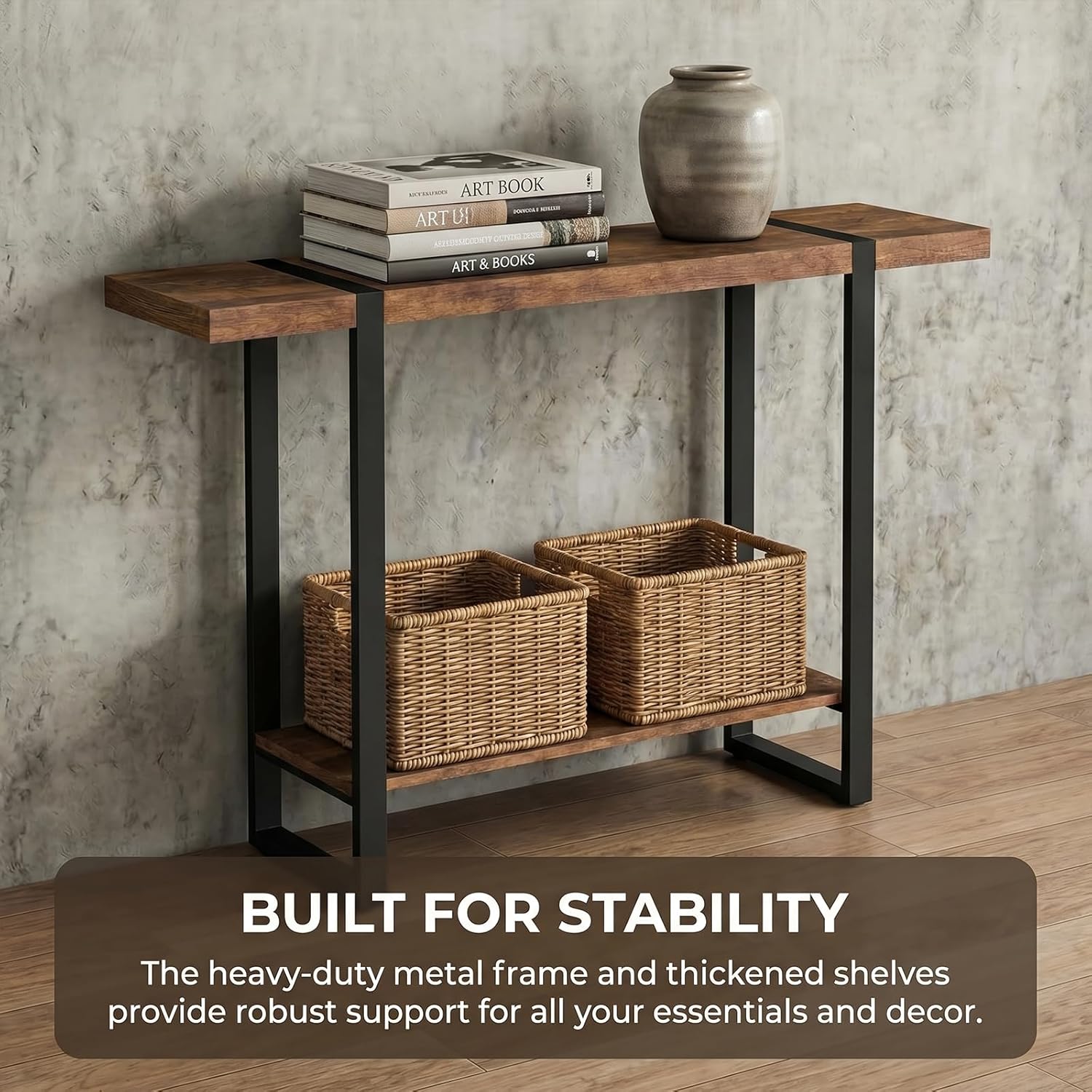 Solid Wood Console Table with 2-Tier Shelf, Narrow Sofa Table Behind Couch, Heavy Duty Entryway Table for Small Spaces, Industrial Farmhouse Hallway Table, W Walnut Color 31.5"L×7.9"W×39.4"H