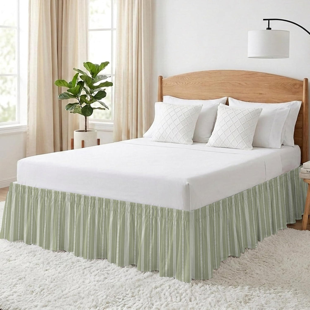 Boho Sage Green Bed Skirt Queen Size 16 Inch Drop, Adjustable & Elastic Wrap Around Bed Skirts Pleated Luxury Dust Ruffles for Twin Full Queen Cal King Base Bed, Minimalist Farmhouse Striped