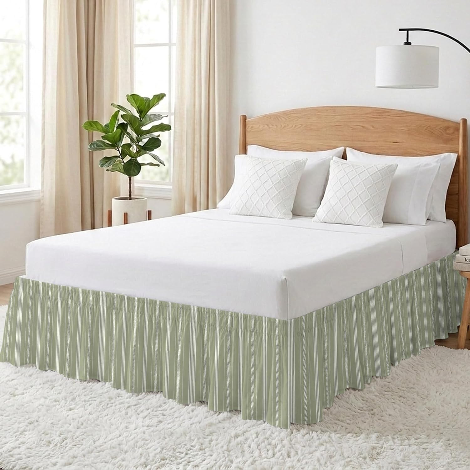 Boho Sage Green Bed Skirt Queen Size 16 Inch Drop, Adjustable & Elastic Wrap Around Bed Skirts Pleated Luxury Dust Ruffles for Twin Full Queen Cal King Base Bed, Minimalist Farmhouse Striped