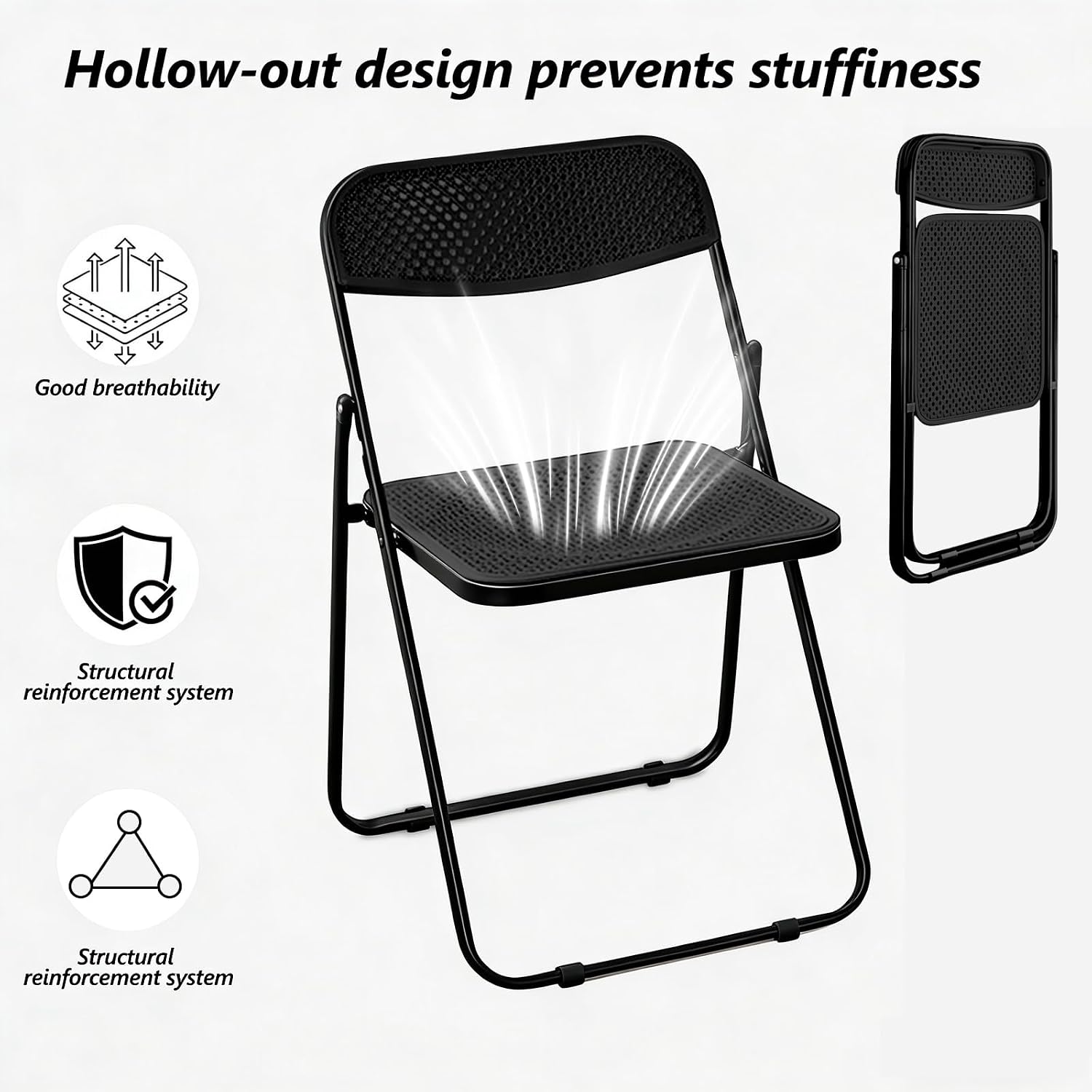 Folding Chair, 2 Pack Plastic Chair, Black | Breathable folding chair with steel frame, 300lbs capacity. Portable & stackable for indoor, outdoor, events & parties.