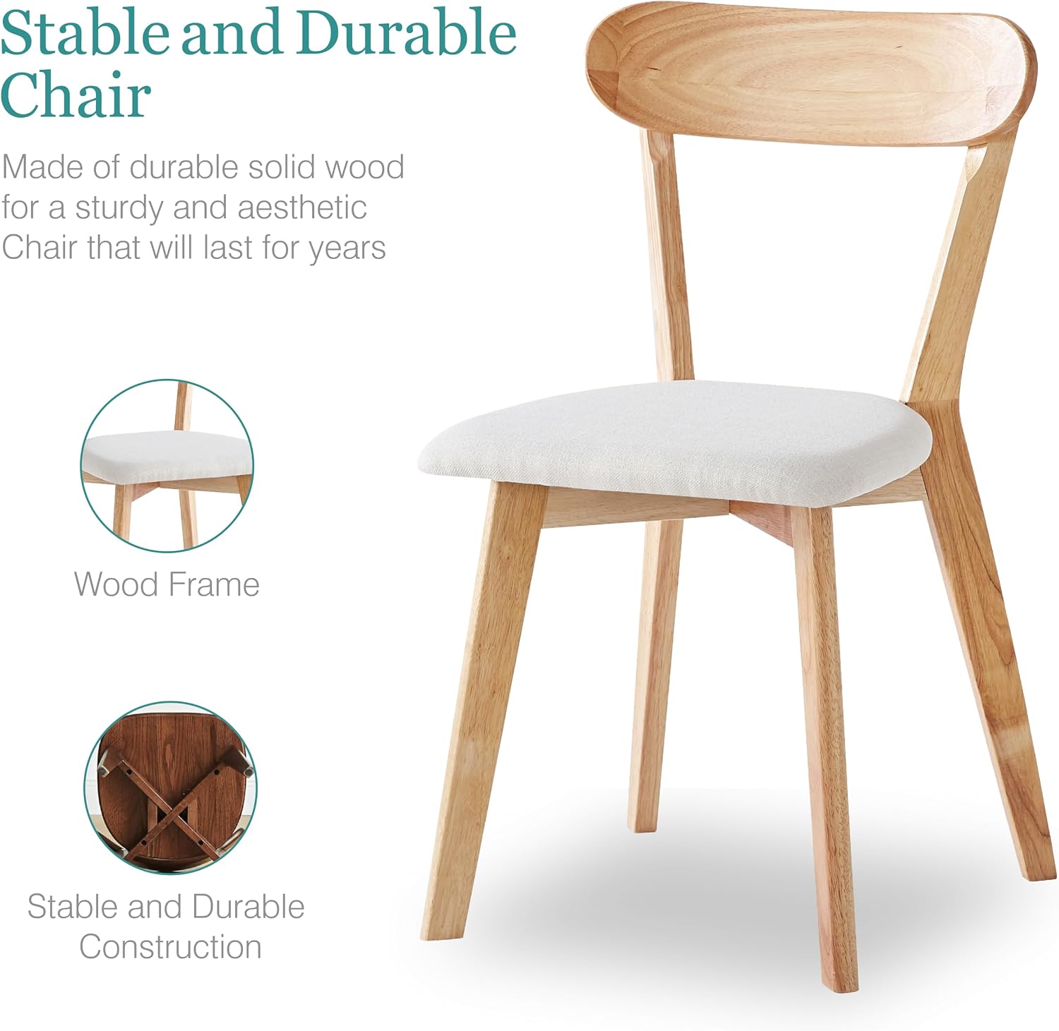 Wood Louis Dining Chairs Set of 4 100% Natural Solid Wood Home Kitchen Upholstered Chairs with Curved Backrest and Soft Padded Seat