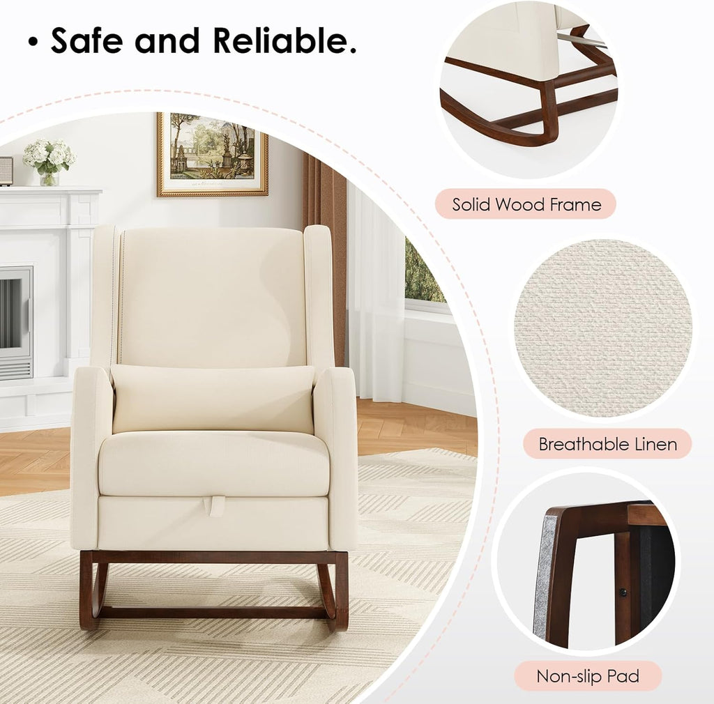 Nursery Rocking Chair with Footrest, Glider Rocking Nursing Chair Indoor, Upholstered Accent Nursery Glider Chair Rubber Wood Legs for Baby Nurser, Bedroom, Living Room, Cream
