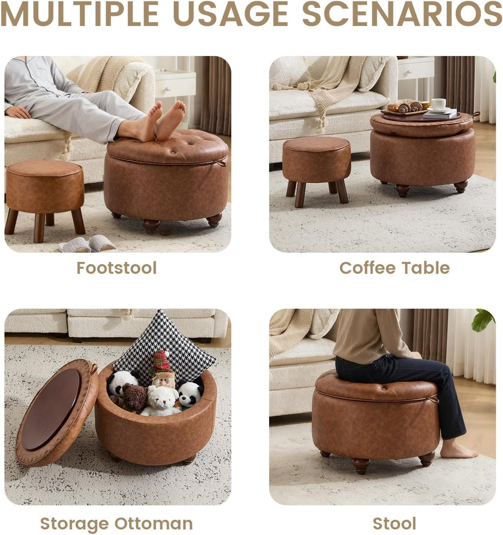 24Inch Round Storage Ottoman, Set of 2, Modern PU Leather Coffee Table with Removable Top, Upholstered Ottoman with Storage Footrest Stool for Living Room, Bedroom (Brown)