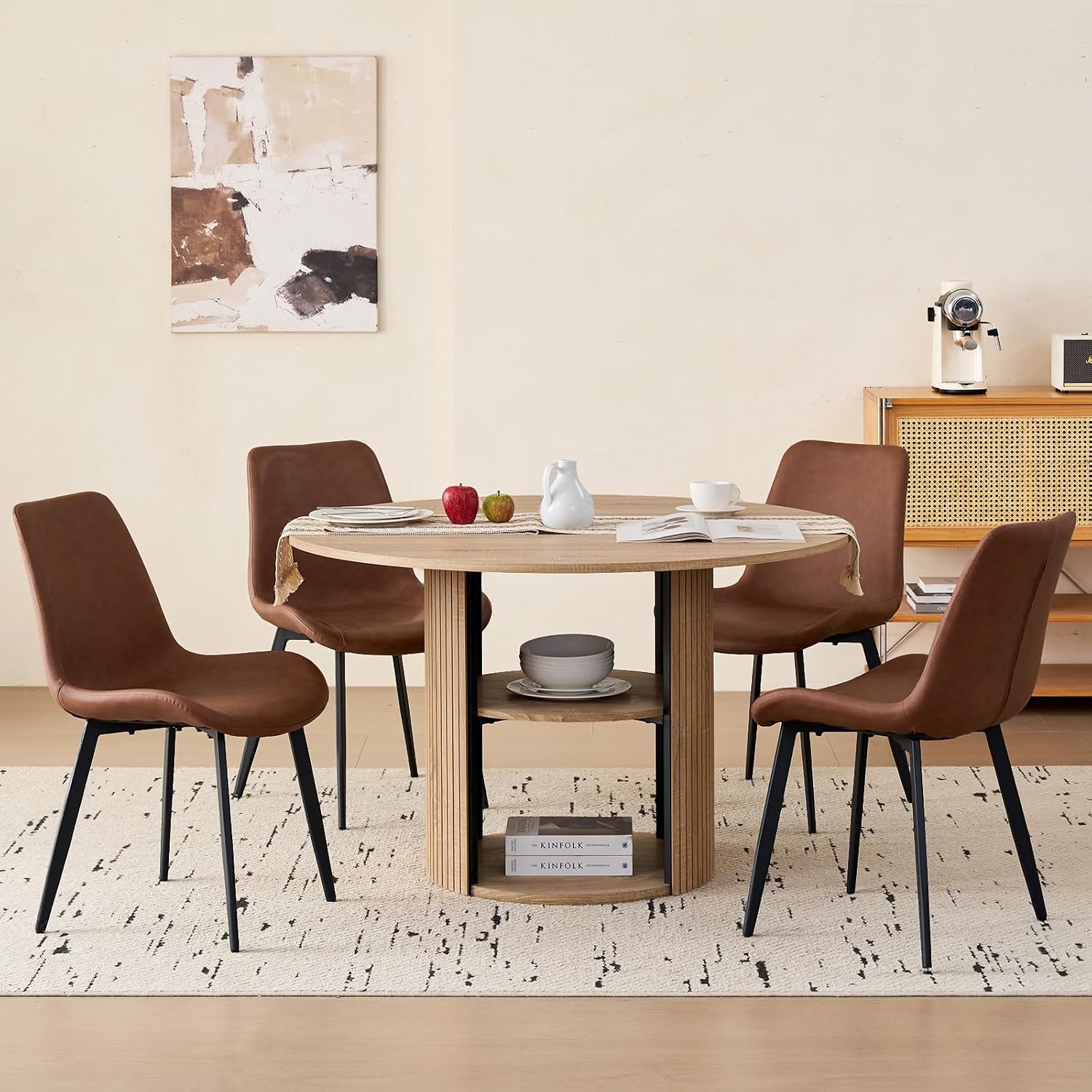 47" Round Dining Table for 4, with Shelf Storage Modern Pedestal Circle Kitchen Table for Dining Living Room Home, Natural