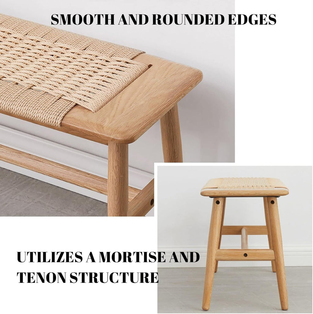 100% Solid Oak Wood Bench,Hand Woven Design,Solid Mortise and Tenon Construction-Solid Structure of Chair Legs,Woven Rattan Entryway Benchs/Dining Bench (Natural Oak,31.49”*11.81”*15.98”)