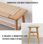 100% Solid Oak Wood Bench,Hand Woven Design,Solid Mortise and Tenon Construction-Solid Structure of Chair Legs,Woven Rattan Entryway Benchs/Dining Bench (Natural Oak,31.49”*11.81”*15.98”)