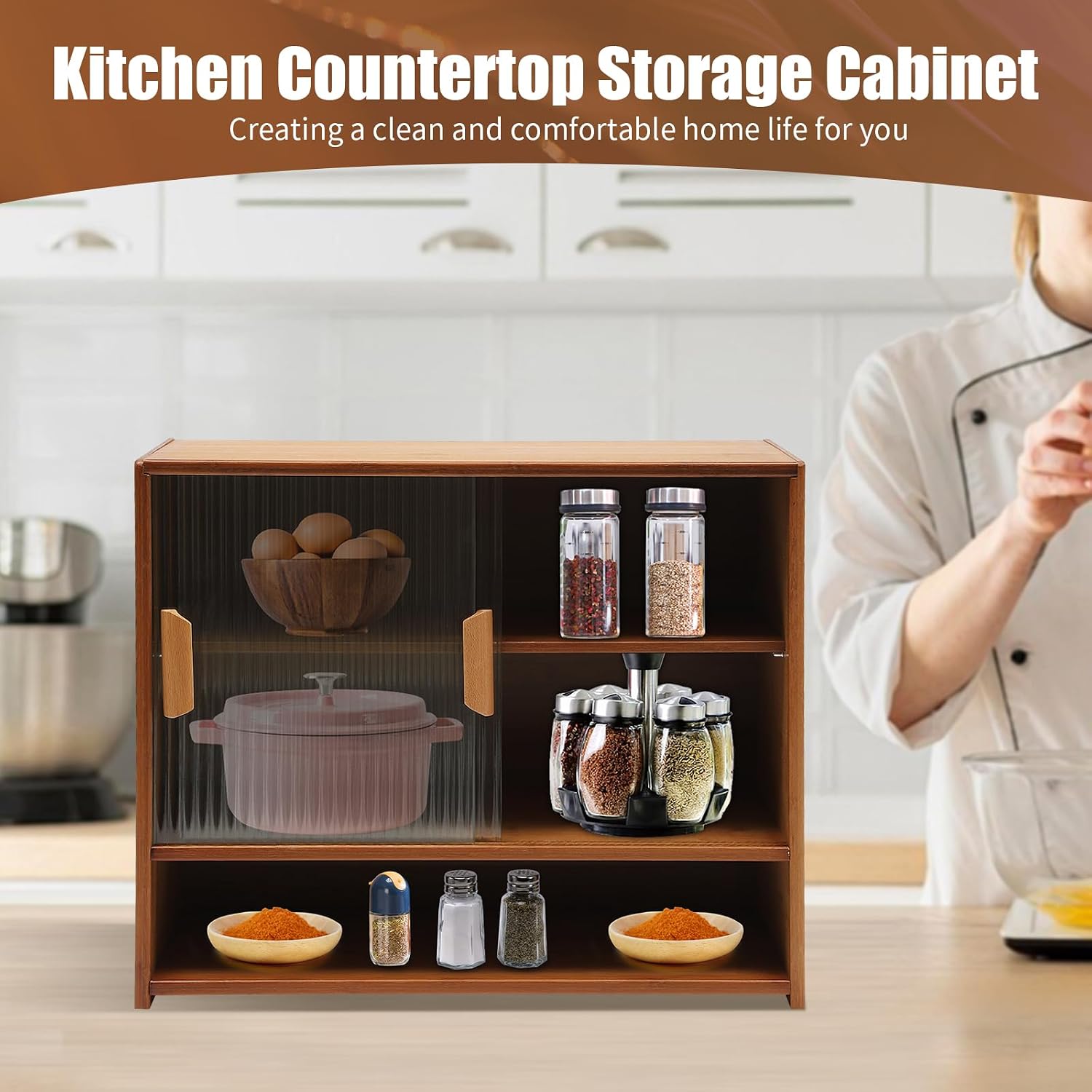Small Bamboo Kitchen Pantry Sideboard, 3Tiers Freestanding Countertop Storage Cabinet with 2 Acrylic Doors Black Storage Shelf, Sliding Pantry Cabinet for Home Bar, Coffee Bar (Tea-Colored)