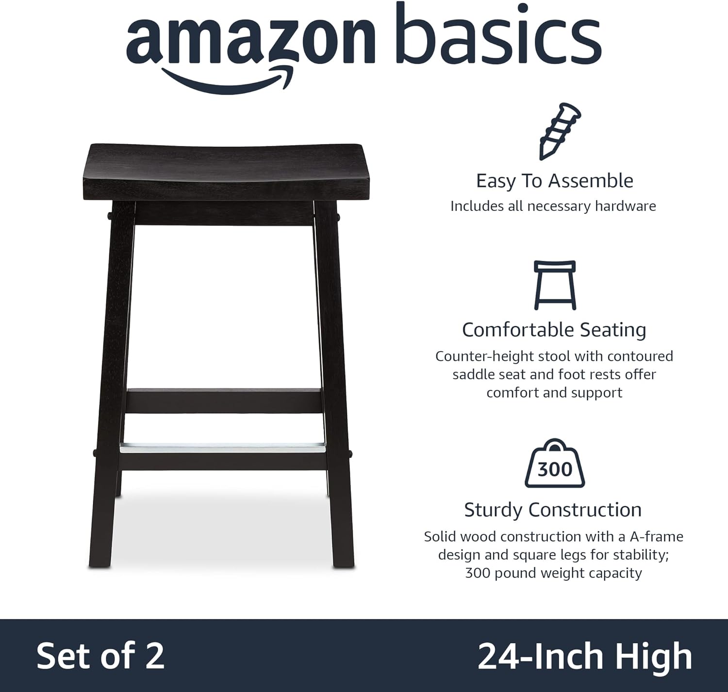 Amazon Basics Solid Wood Saddle-Seat Counter Height Bar Stools for Kitchen Island with Footrest, 24-Inch Height, Black, Set of 2