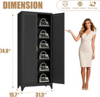 75" Tall Kitchen Storage Cabinets with 5 Adjustable Shelves, Black | Metal Storage Cabinet, Pantry with Louvered Doors, Large Cupboard, Locker for Kitchen, Office, School, Living Room, Dining