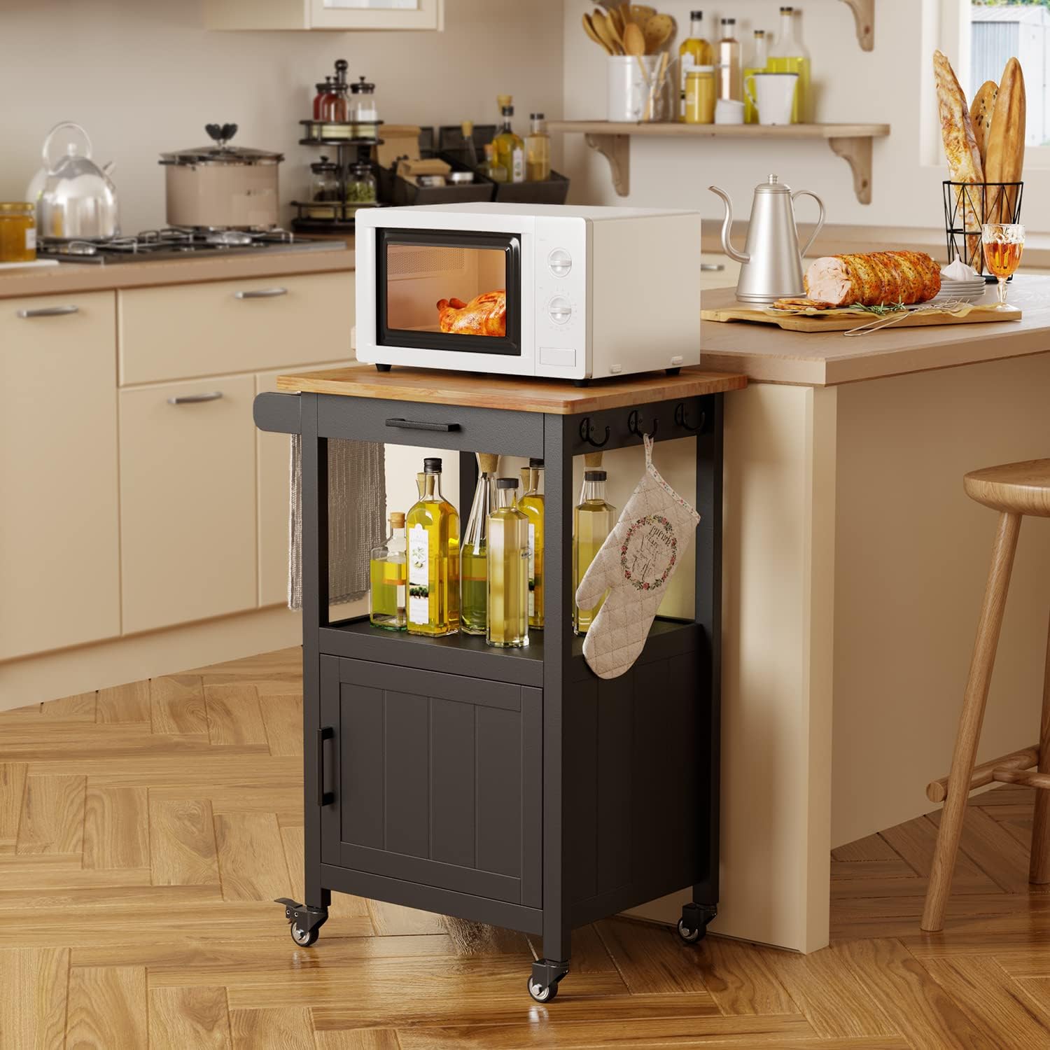 Qsun Microwave Cart, Microwave Stand | Kitchen Island on Wheels, Rolling Kitchen Cart with Rubber Wood Countertop, Side Hook, Microwave Cart for Small Space