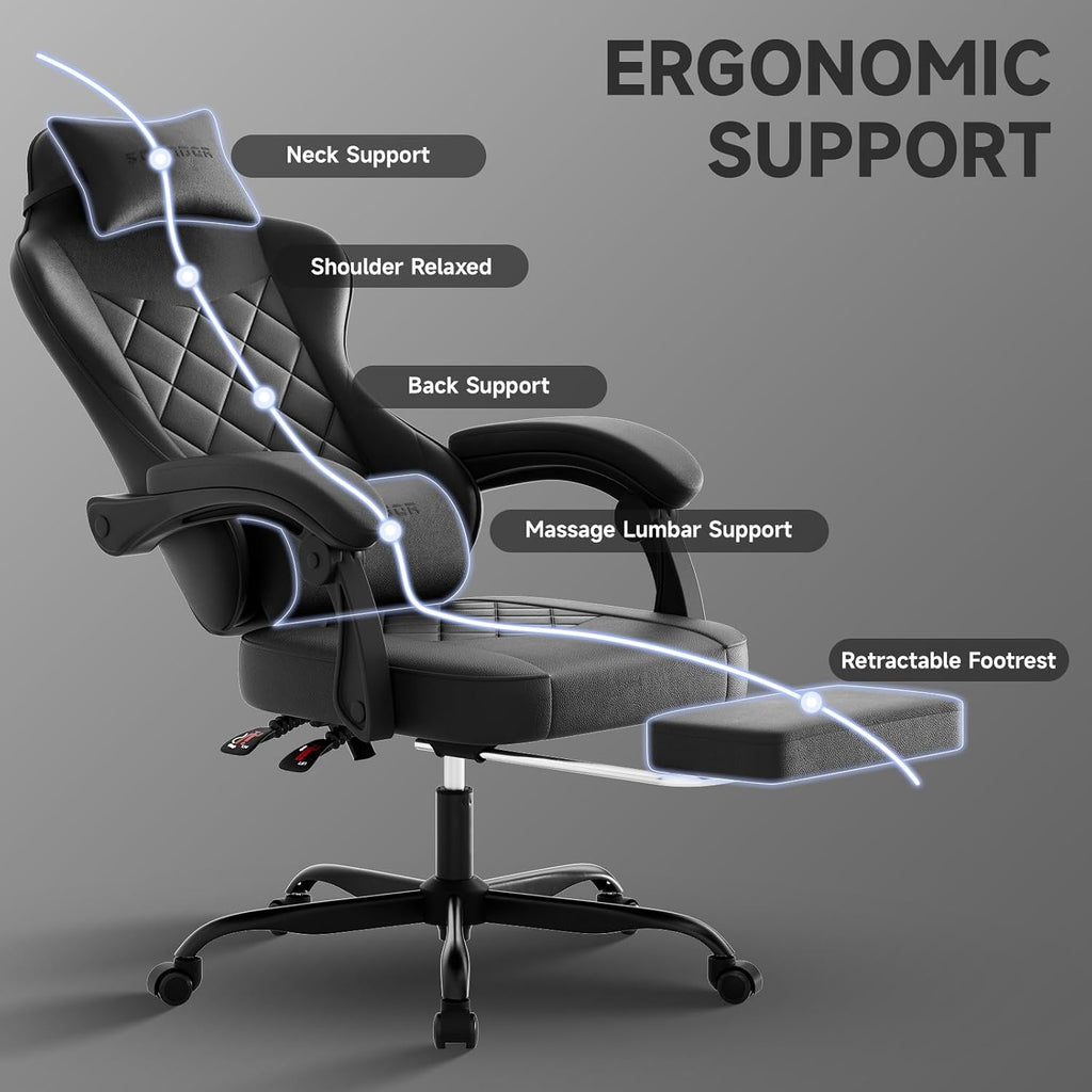Gaming Chair with Footrest, Ergonomic Leather Computer Chair with Lumbar Support, Height Adjustable High Back Swivel Office Chair for Adults, Gamer Chair for Gaming, Working,Black