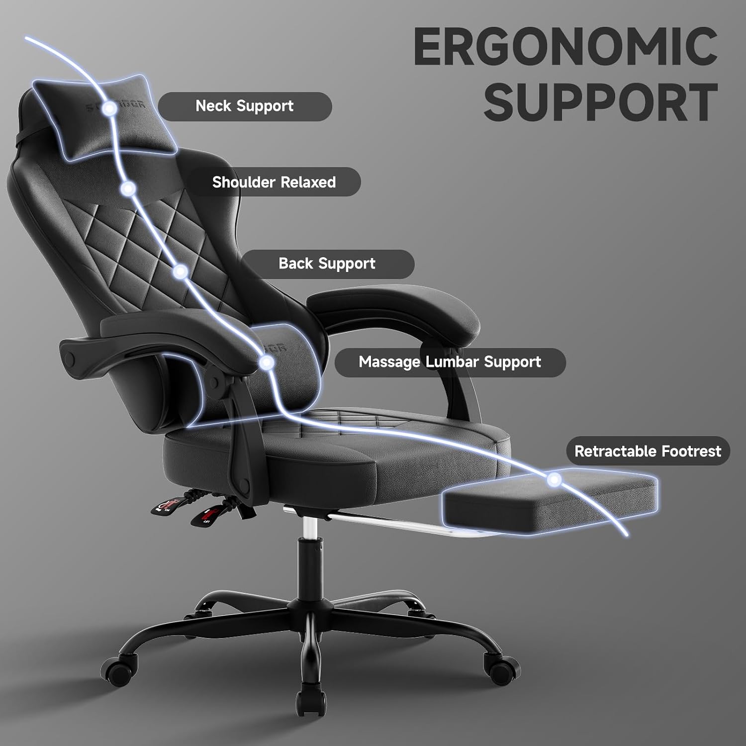 Gaming Chair with Footrest, Ergonomic Leather Computer Chair with Lumbar Support, Height Adjustable High Back Swivel Office Chair for Adults, Gamer Chair for Gaming, Working,Black