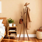 VICITON Wooden Coat Rack, Tripod Coat Tree Freestanding with 3 Hooks for Clothes, Hats and Handbags, Coat Hanger Stand for Bedroom, Living Room, Entryway (Dark)