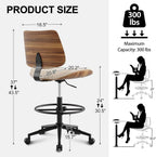 Drafting Chair with Adjustable Footrest, Armless Modern Tall Office Chair for Standing Desk, PU Leather Swivel Stool in Curved Bentwood Style, Ergonomic Rolling Walnut Chair for Office(Beige)