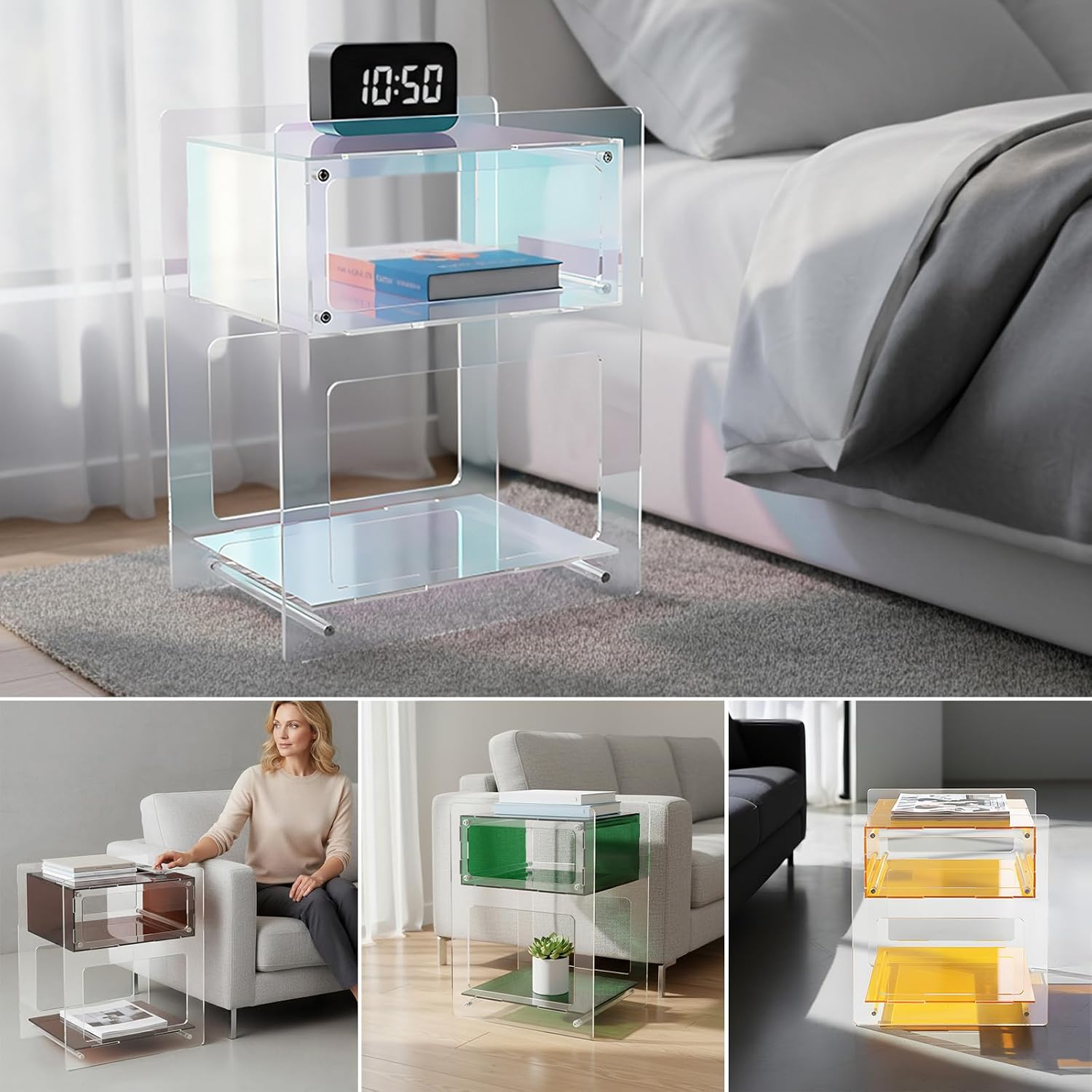 Acrylic Nightstand Side Table Bedside with Open Storage Shelf, Clear End Table Record Player Stand for Living Room, Bedroom, Home, Office Reception (Orange)