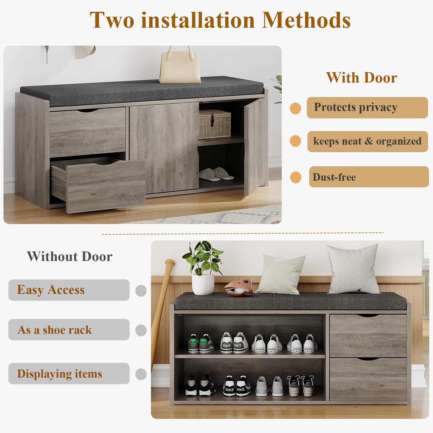 LVB 2-Tier Storage Bench with Padded Cushion, Entryway Shoe Bench with 2 Drawers, 2 Barn Doors & Adjustable Shelf, Industrial Style for Foyer, Bedroom, Living Room, Greige, 40 Inch