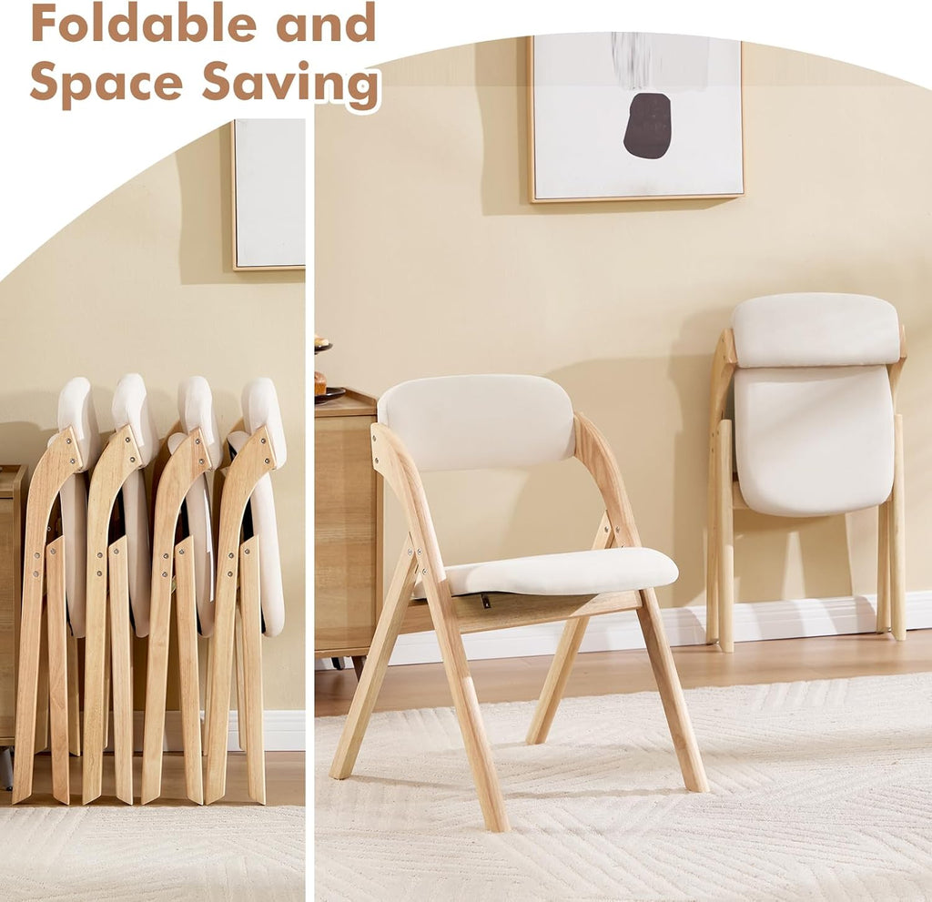 Folding Chairs with Cushion Set of 4,Linen Padded Foldable Dining Chairs, Raw Wooden Folding Dining Chairs, for Dining Rooms, Wedding Parties, Offices Indoor Outdoor Beige