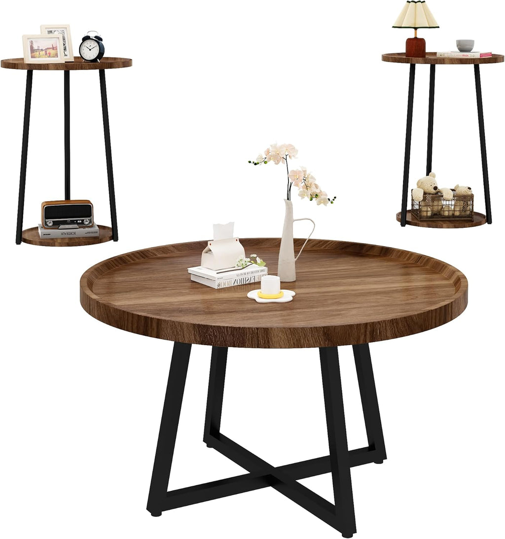AWQM Coffee Table and End Table Sets, Round Coffee Table Set & 2 End Side Tables, Easy Assembly Vintage Living Room Table Set of 3, Suitable for Offices, Living Rooms and Apartments, Walnut