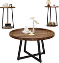 AWQM Coffee Table and End Table Sets, Round Coffee Table Set & 2 End Side Tables, Easy Assembly Vintage Living Room Table Set of 3, Suitable for Offices, Living Rooms and Apartments, Walnut