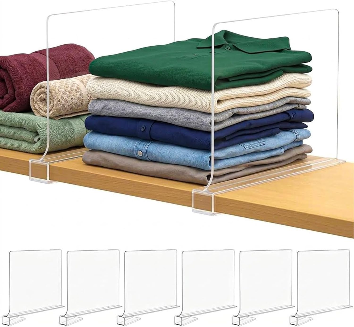 [Extra Tall Version] Clear Shelf Dividers for Closet Organization, 6 Pack Adjustable Acrylic Wardrobe Separator for Clothes, Purse, Kitchen & Bathroom Storage, Space Saving Closet Organizer 12 Inches