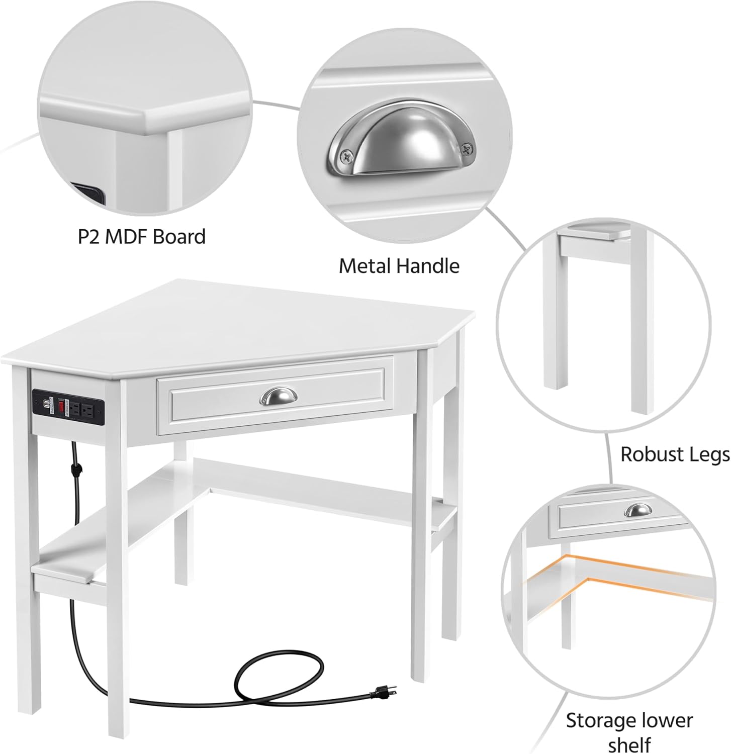 Yaheetech Home Office Furniture Set, L Shaped Computer Corner Desk with Outlets and USB Ports for Small Space, PU Leather Adjustable Chair Low Back Ribbed Armless Swivel White Desk Chair Set