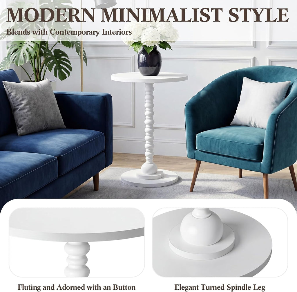 Novabright Round Side Table Small Drink Table for Small Spaces Modern Accent End Nightstand with Spindle Design Leg for Living Room Turned Solid Wood Side 23.6'' Height(White)