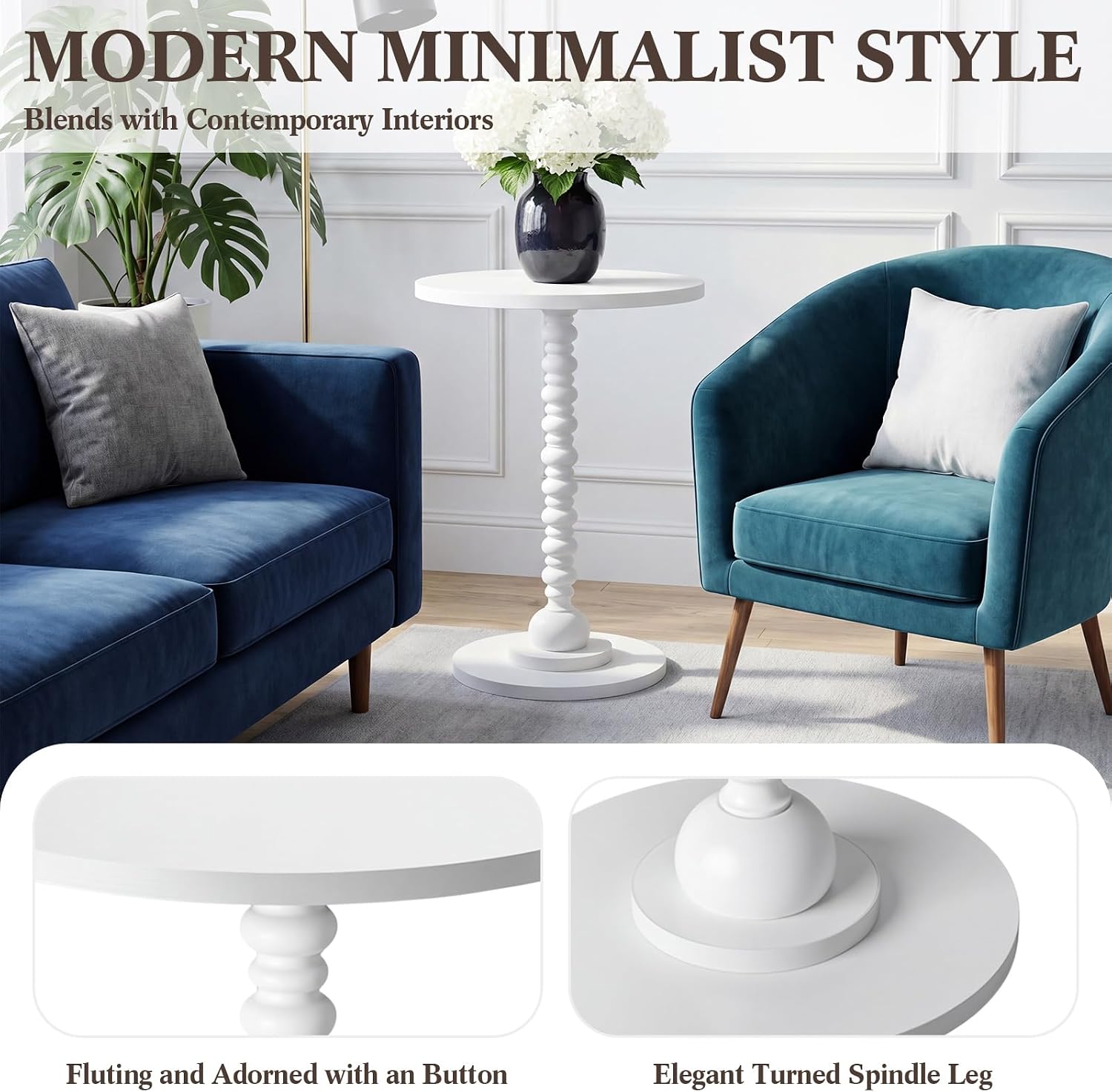 Novabright Round Side Table Small Drink Table for Small Spaces Modern Accent End Nightstand with Spindle Design Leg for Living Room Turned Solid Wood Side 23.6'' Height(White)
