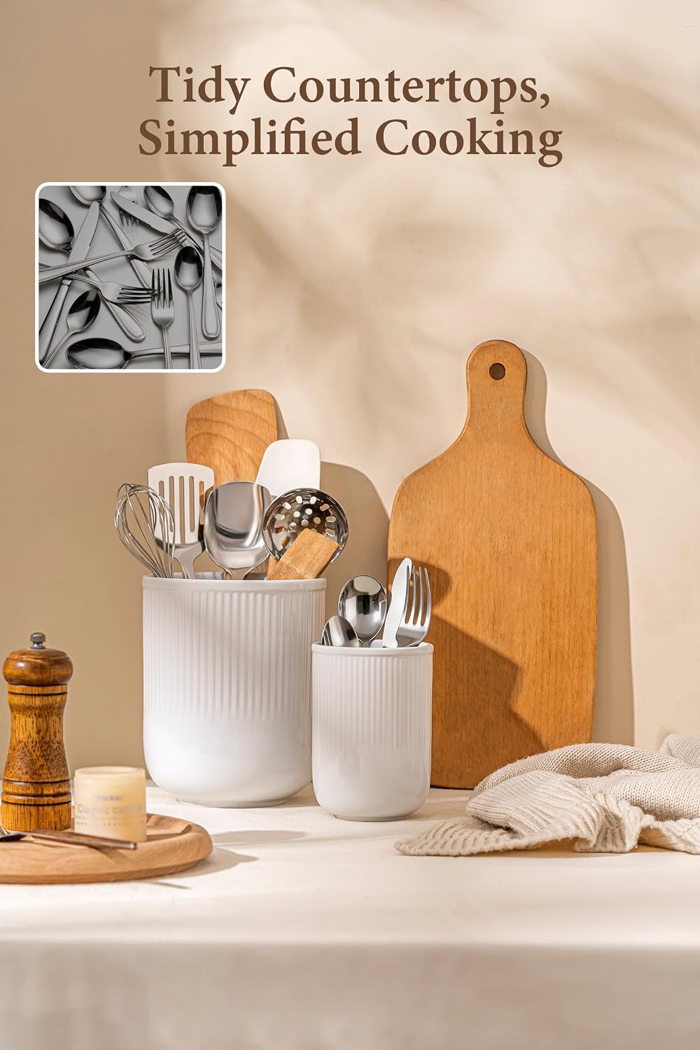 FOBENTA Utensil Holder, 7.3’’+5.4’’ Ceramic Kitchen Utensil Holder for Countertop, Large Utensil Crock–Cooking Utensil Organizer for Spatula & Spoon, Modern Kitchen Decor, Set of 2, White