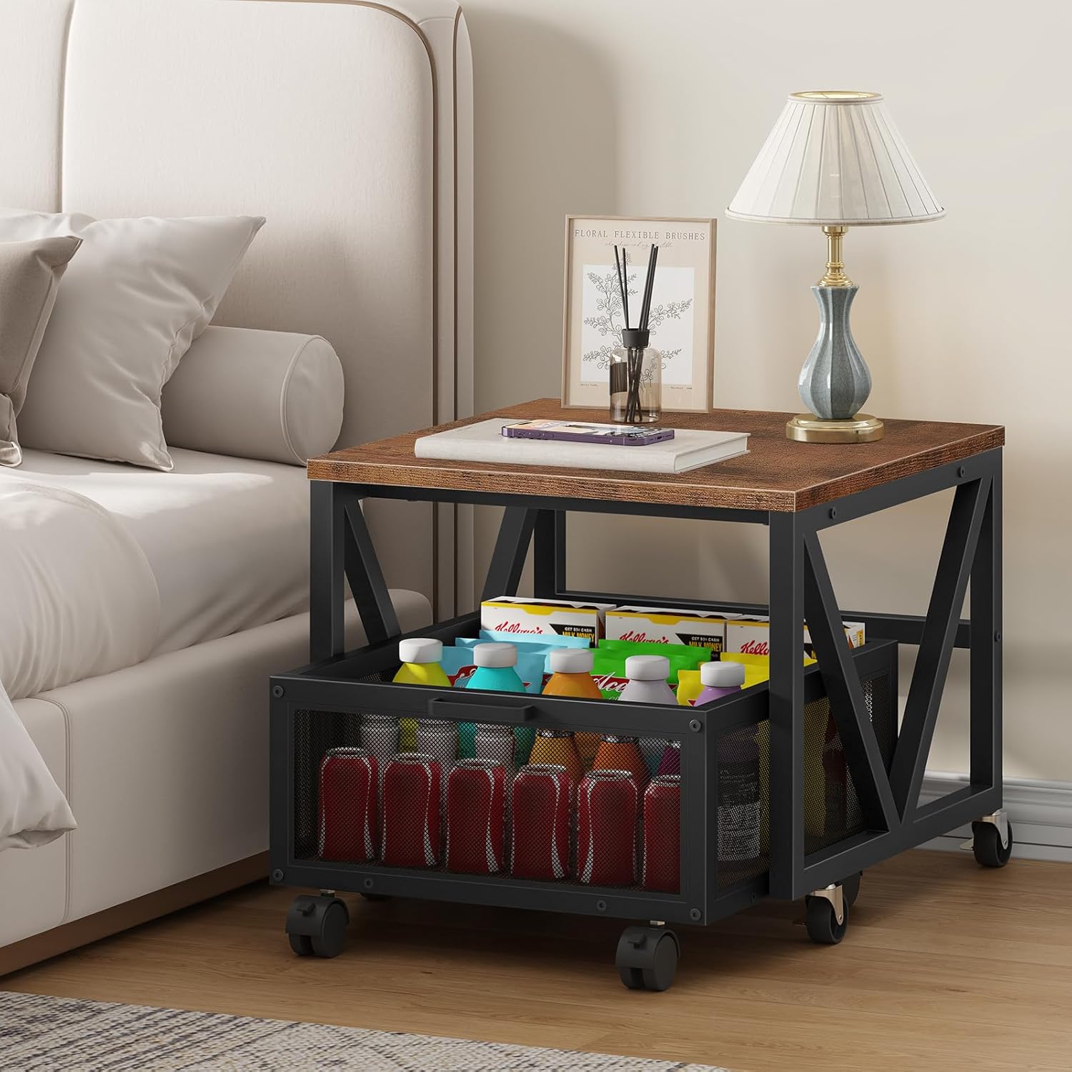 HOOBRO Mini Fridge Stand with Movable Storage Basket and Wheels, Mini Fridge Cabinet with Wheels, Sturdy Metal Frame, for Home, Office, Dorm, Rustic Brown and Black BF255TL01