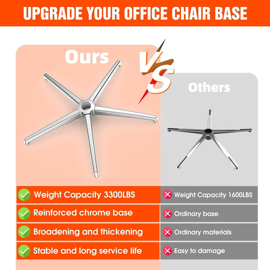 Office Chair Base Replacement (3300 lbs) - Heavy Duty Alloy Office Chair Base Replacement, Reinforced Metal Legs, Universal Cylinder and Caster Sockets(Silver)