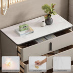 3 Drawer Nightstand, Rock Board Bed end Side Table Cabinet, Bedside Desk Leather Finish, Wooden Night Stand with Metal Handle, for Bedroom & Officesssss(Khaki,35.4 * 15.7 * 23.6")