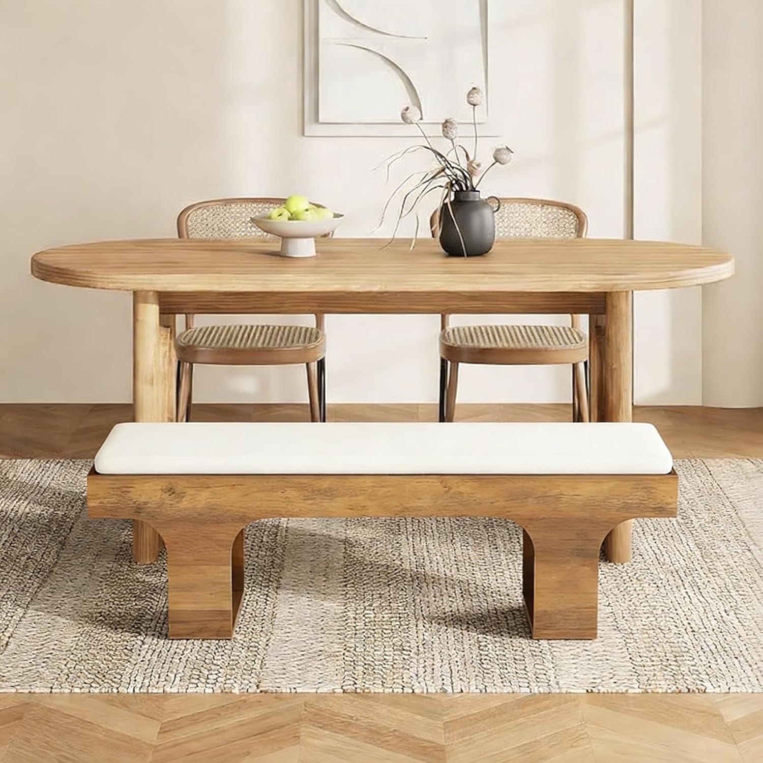 LITTLE TREE 55.2" Dining Bench with Linen Cushion, End of Bed Upholstered Bench, Farmhouse Entryway Bench for Hallway, Living Room, Bedroom, Kitchen