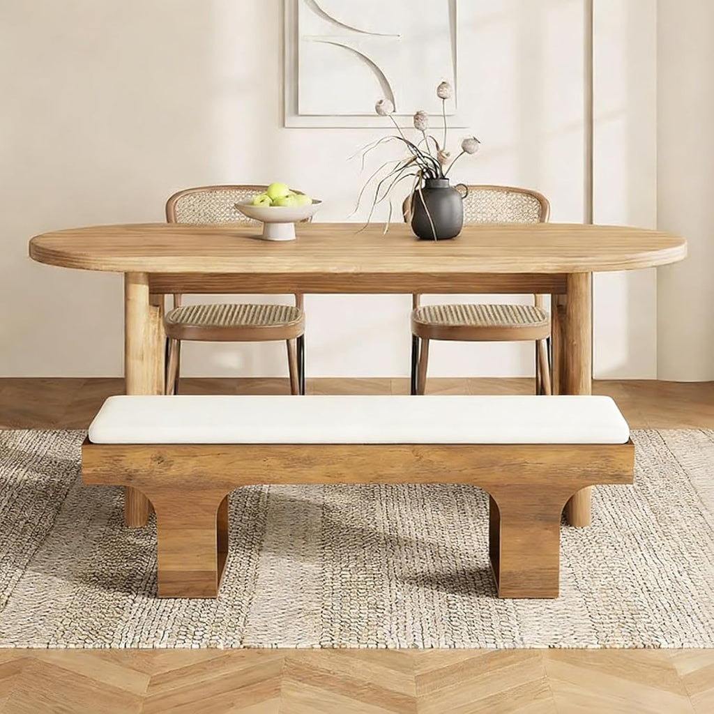 LITTLE TREE 55.2" Dining Bench with Linen Cushion, End of Bed Upholstered Bench, Farmhouse Entryway Bench for Hallway, Living Room, Bedroom, Kitchen