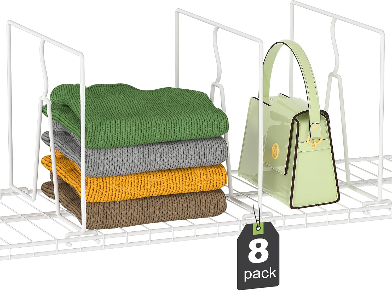SortNStore Wire Shelf Dividers for Closet: Tall 8 Pack 12-inch Deep Wire Rack Accessories - Adjustable Purse Organizer for Clothes Handbags - Metal Pantry Separators