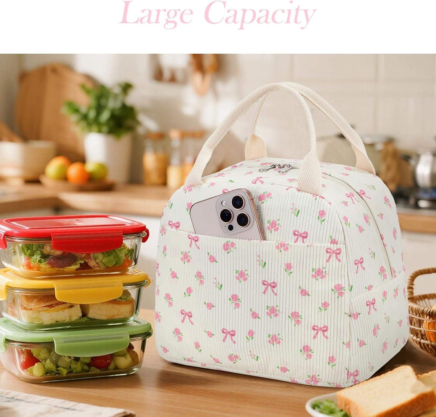 BTOOP Lunch Box for Women Men Cute Corduroy Lunch Bags Large Capacity Insulated Lunch Tote Bag For Work Travel Or Picnic (Pink Bow Floral-1)