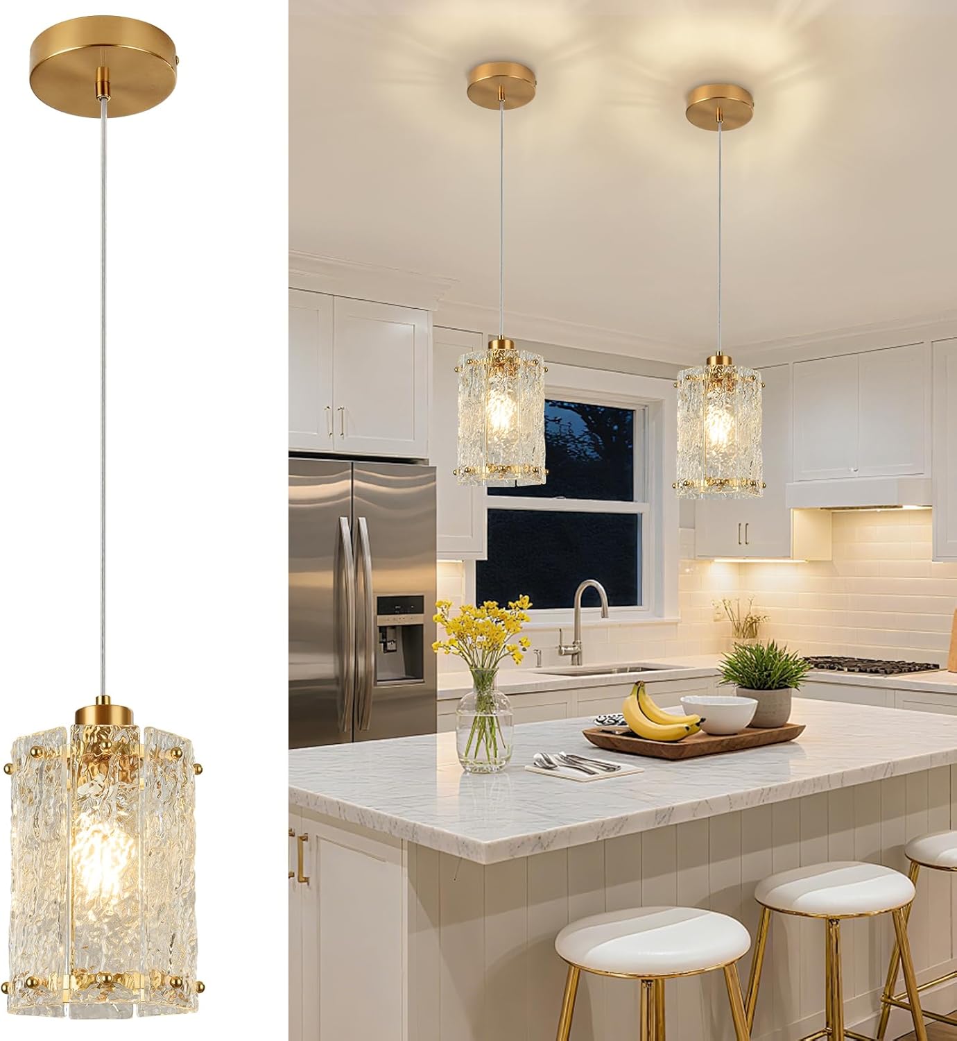 Gold Pendant Lights Kitchen Island 1 Pack Modern Water Ripple Glass Pendant Lights Mini Chandelier Adjustable Hanging Pendant Lighting for Kitchen Island Dining Room Over Sink Table Entryway