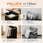 Foluck Large Laundry Hamper, 100L Waterproof Laundry Basket with Lid and Removable Bag, Collapsible Tall Clothes Hamper with Bamboo Handles for Clothes Toys in Dorm Bedroom Bathroom, Black