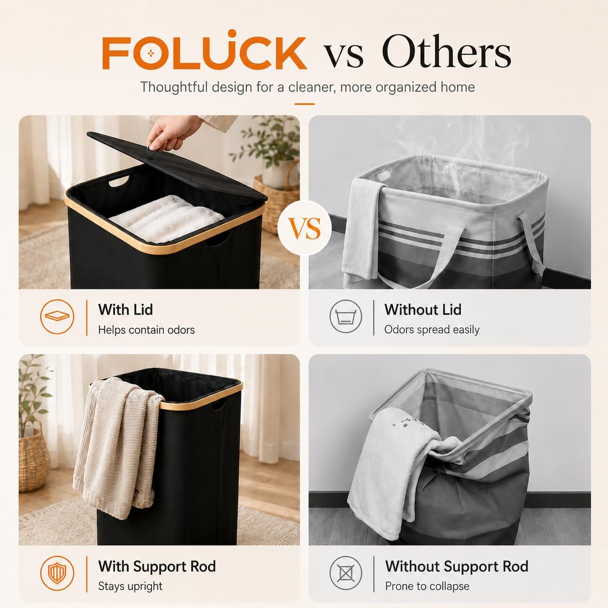 Foluck Large Laundry Hamper, 100L Waterproof Laundry Basket with Lid and Removable Bag, Collapsible Tall Clothes Hamper with Bamboo Handles for Clothes Toys in Dorm Bedroom Bathroom, Black