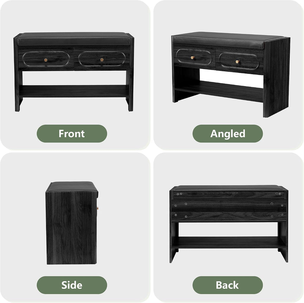 31.5" Shoe Bench, Shoe Storage Bench with Drawers, Waterproof Entryway Benches with Leather Cushion for Bedroom Black
