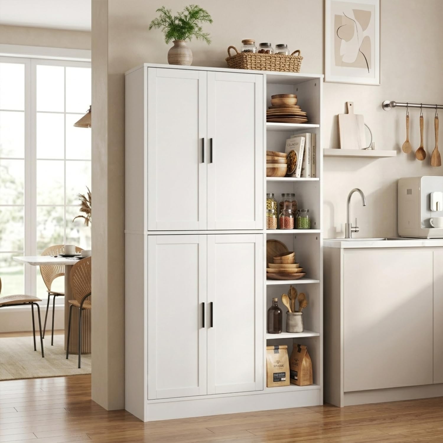 holzart 63" Tall Kitchen Pantry Cabinet, Freestanding Dining Room Storage Hutch with 4 Doors and Adjustable Shelves, Modern Utility Cupboard for Coffee Bar and Microwave, White