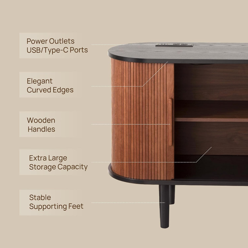 47" Modern Buffet Cabinet with Charging Station, Mid-Century Fluted Sideboard Table, Rounded Console with Storage & USB/Type-C Ports for Dining Room Kitchen Coffee Bar, Walnut
