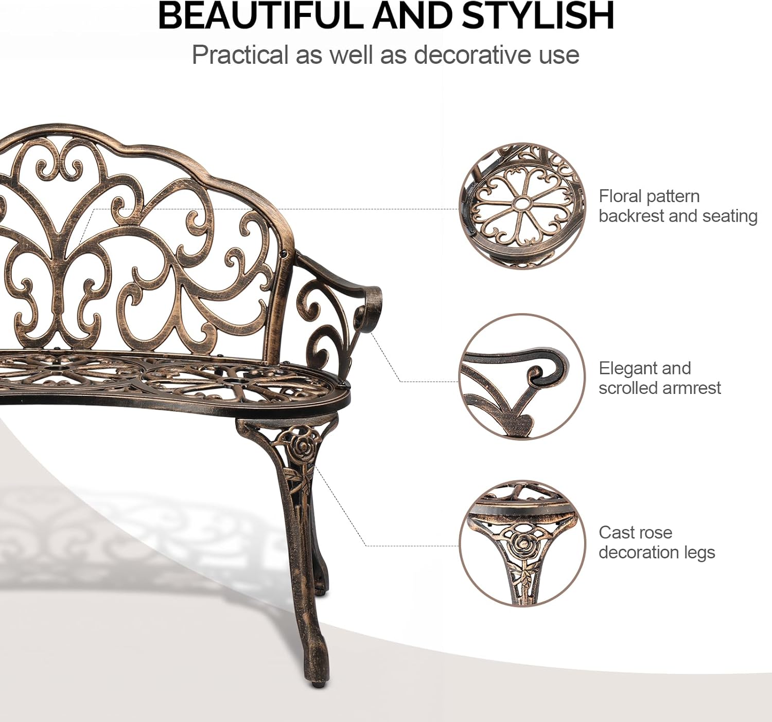 VINGLI 38.5" Patio Park Garden Outdoor Metal Rose Bench, 2-Person Cast Iron Cast Aluminium Frame Antique Finish Chair,Accented Lawn Front Porch Path Yard Decor Deck Furniture (Bronze, Butterfly)