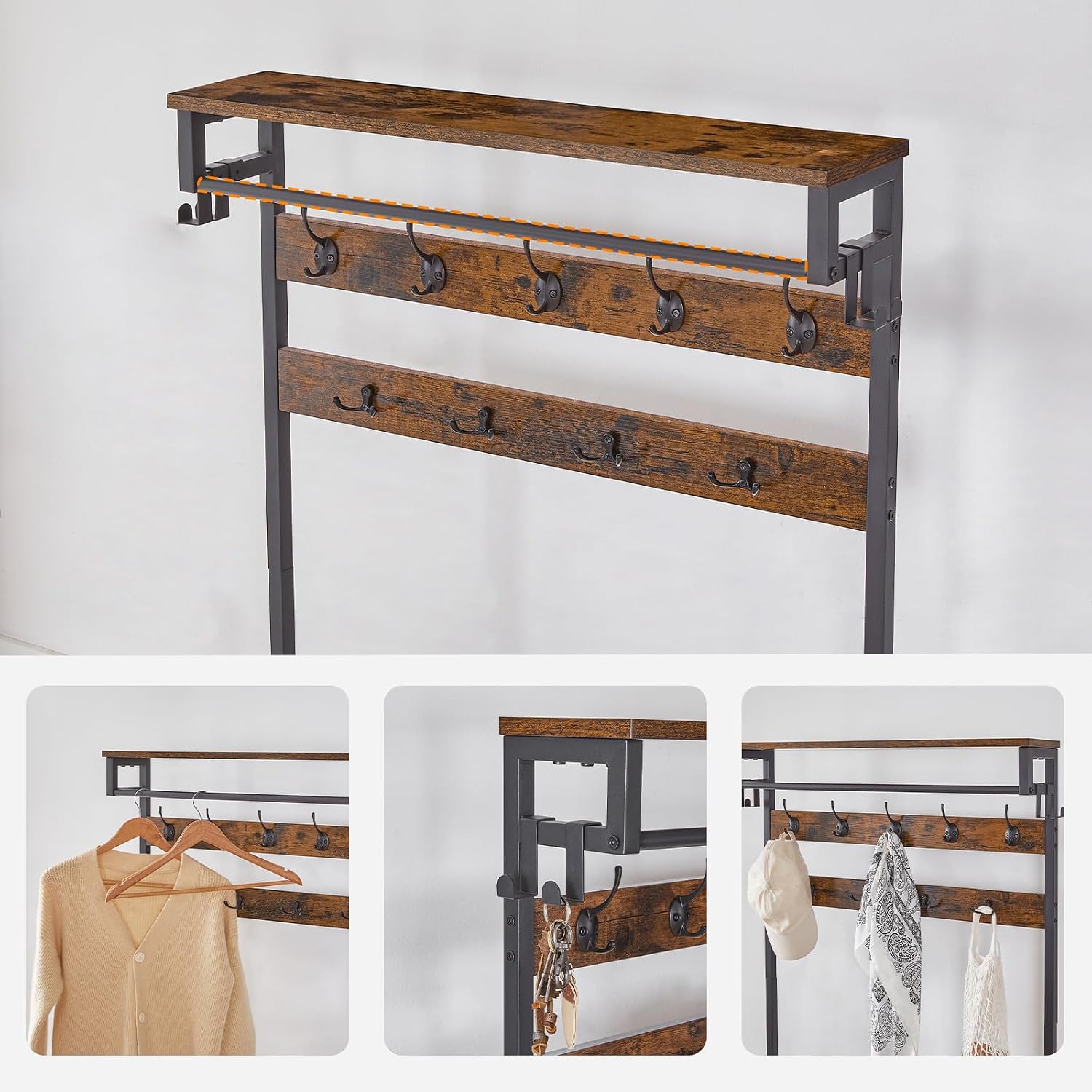 HOOBRO Hall Tree with Bench, Entryway Coat Rack with Shoe Rack, Shoe and Coat Rack, 5 Tier Shoe Storage Organizer with Oxford Fabric Side Pockets, Adjustable Mesh Shelves, Rustic Brown BF75MT01