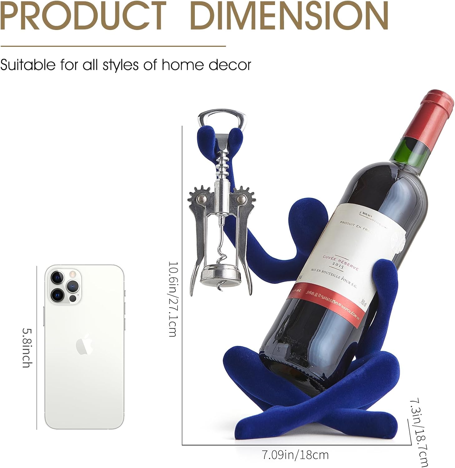 Thinker Statue Wine Rack, Modern Rack for Kitchen Table Decor, Single Wine Bottle Holder Countertop for Bar, Small Bottle Holder Rack (Navy)