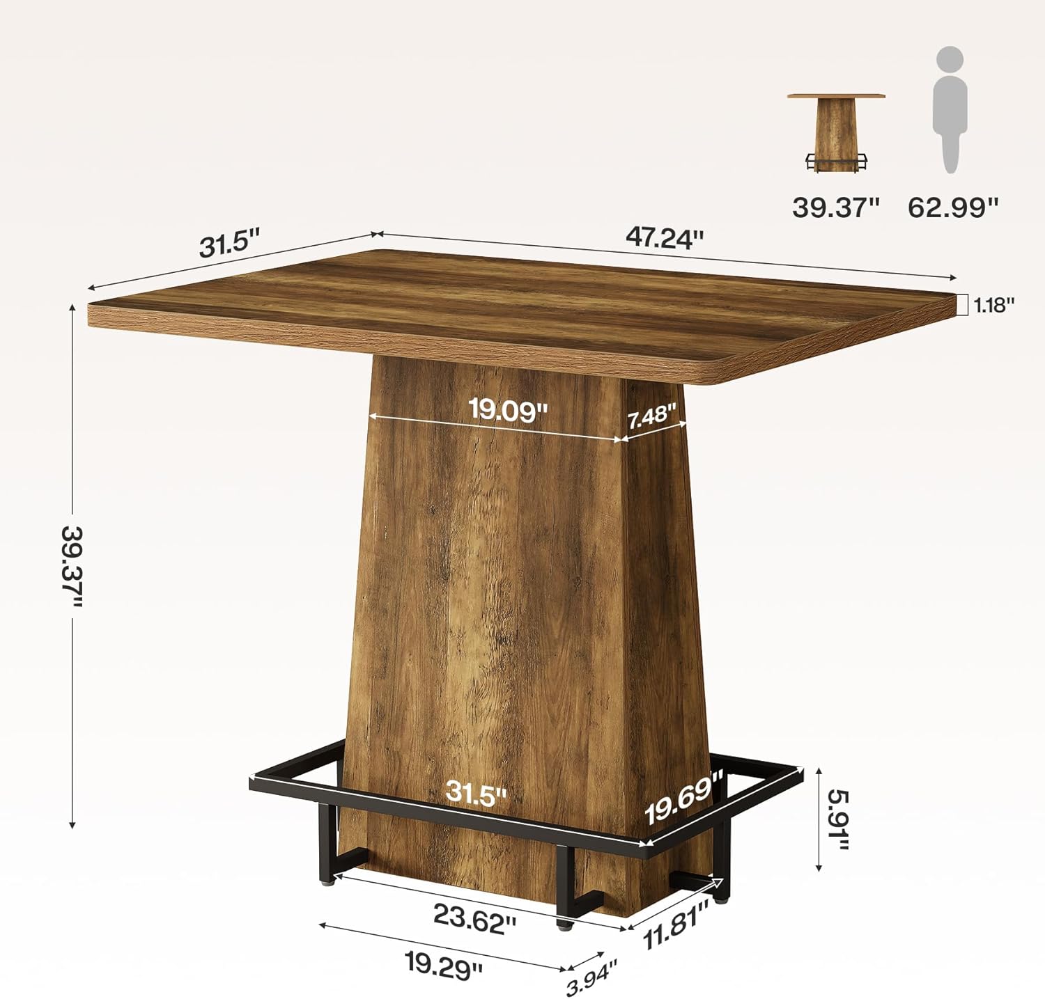 Tribesigns 47" Bar Table, Rustic Industrial Pub Table with Metal Footrest, Rectangular Tall Bar Table for Bar, Restaurant, Patio, Coffee, Easy to Assemble (Brown)