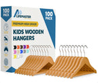 Natural Color Wooden Kids Hangers 100 Pack, Toddler & Baby Wooden Hangers, 11.8" Solid Maple Wood with 360° Swivel Hook, Pants Bar & Notches, Up to 7.7lb Capacity, Space-Saving Design for Ages 0–8